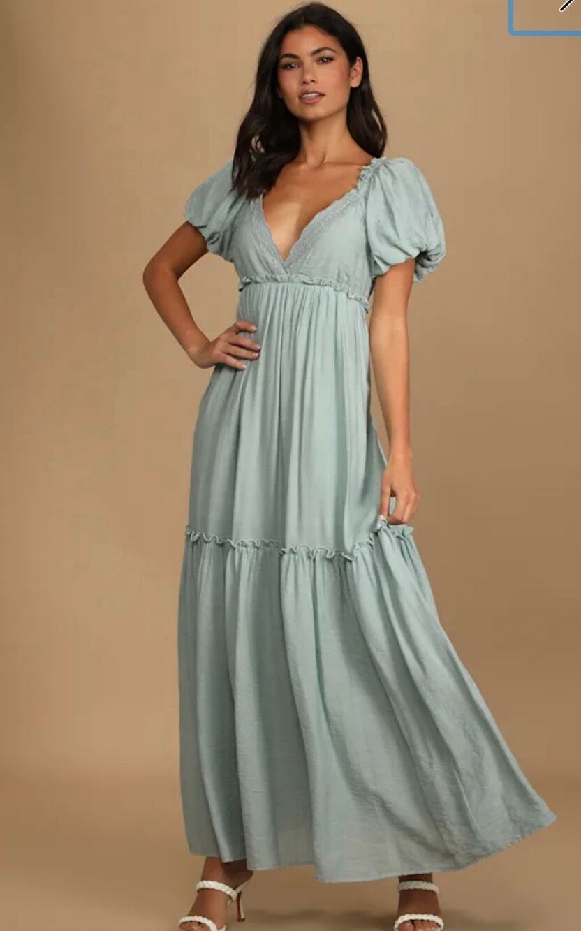 Lulus Puff Sleeve Lace Trim Tiered Maxi Dress Size L